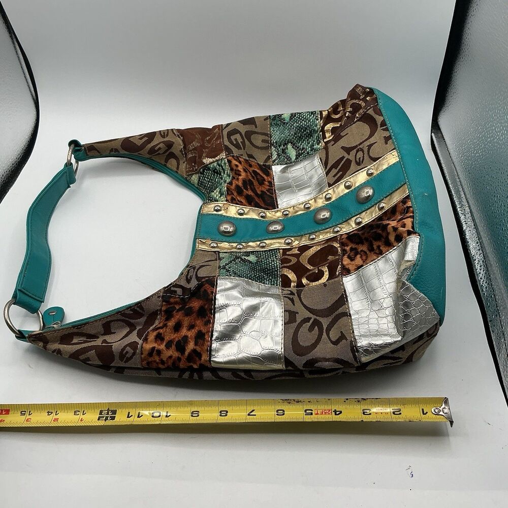 Patchwork Animal Print Shoulder Bag Turquoise Studded Y2K Hobo Purse Boho - Picture 8 of 9